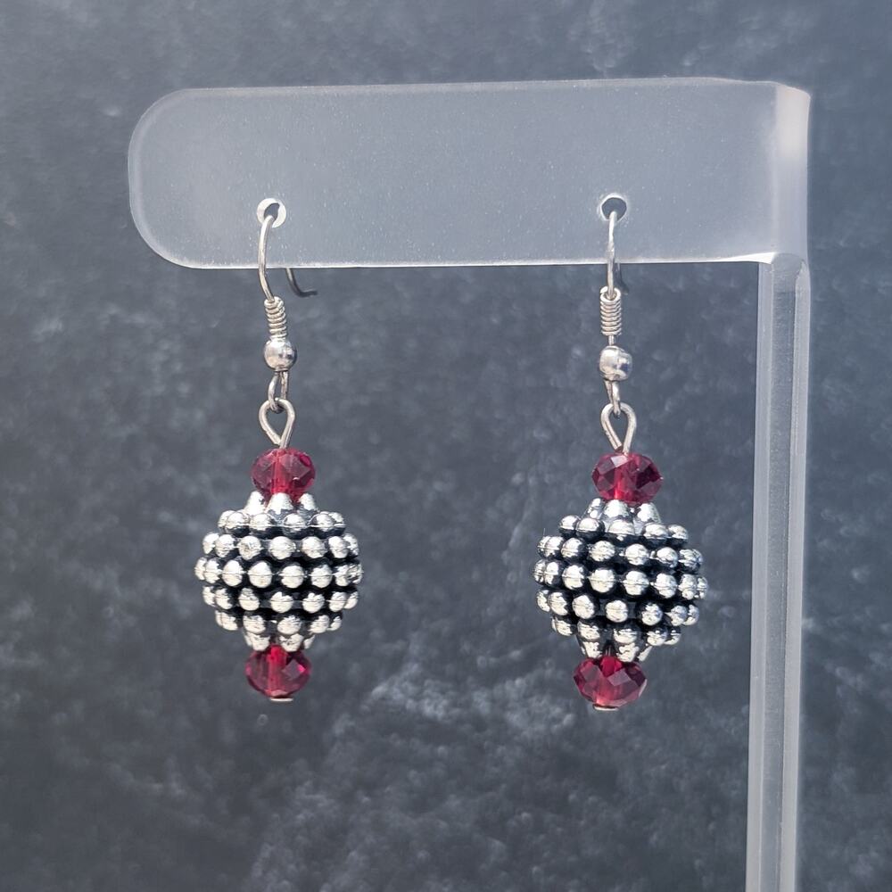 Vintage Hook Dangle Earrings Glam Silver Tone Studded Ball with Red Accent Bead